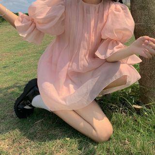 Bell-sleeve Mesh Mini A-line Dress Pink - One Size
