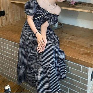 Puff-sleeve Off-shoulder Plaid Midi Dress