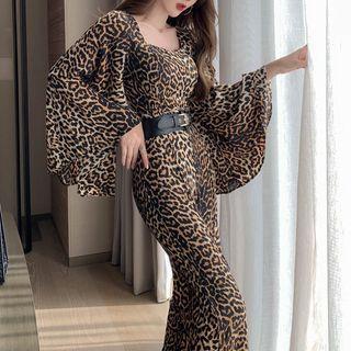 Set: Puff-sleeve Leopard Print Jumpsuit + Belt