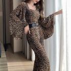Set: Puff-sleeve Leopard Print Jumpsuit + Belt