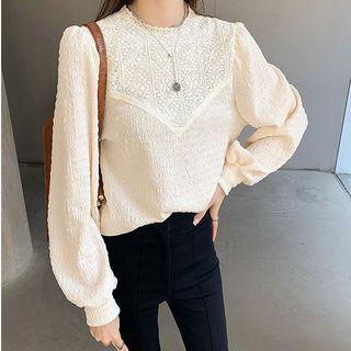 Puff Sleeve Lace Panel Chiffon Top