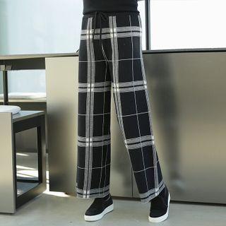 Drawcord Plaid Wide Knit Pants