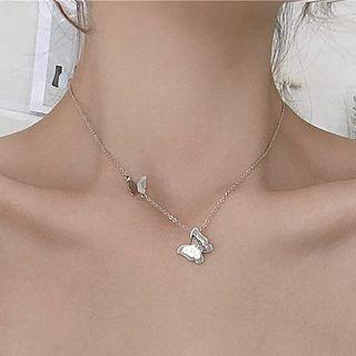 Rhinestone Butterfly Pendant Necklace 1 Pc - 2095 - Silver - One Size