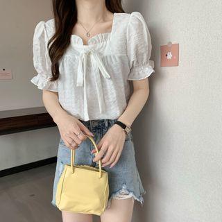 Puff-sleeve Bow Gingham Check Crop Top