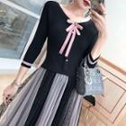 3/4-sleeve Knit Panel Midi A-line Lace Dress