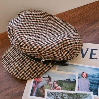 Belted Houndstooth Newsboy Cap Brown - One Size