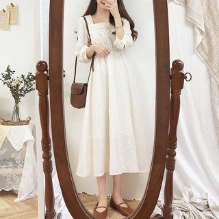 Elbow-sleeve Crochet Trim Midi A-line Dress