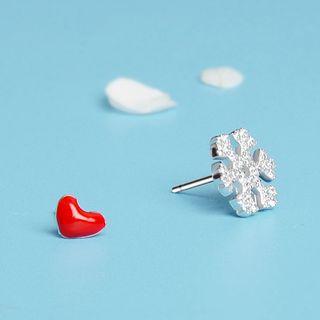 925 Sterling Silver Non-matching Rhinestone Snowflake & Heart Earring 1 Pair - 925 Silver - Silver & Red - One Size