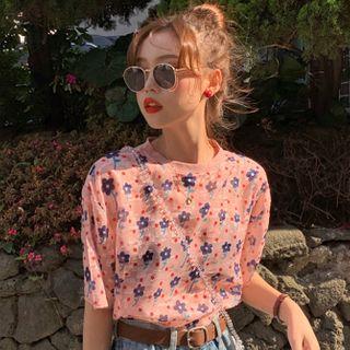 Short-sleeve Floral Print T-shirt Pink - One Size