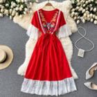 V-neck Embroidered Lace Ruffle Panel Dress