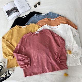 Plain Puff-sleeve Crewneck Long-sleeve Top