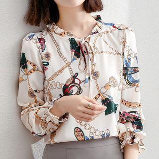 Long-sleeve Tie-neck Print Chiffon Blouse