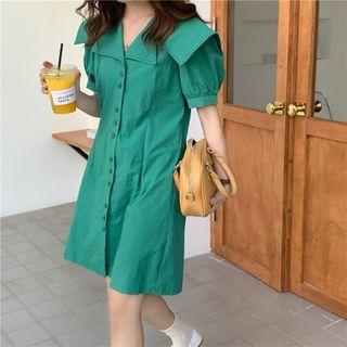 Stitch Lapel Puff Sleeve Shirtdress Green - One Size