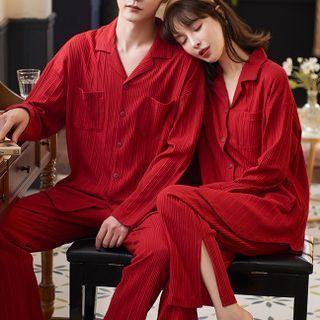 Couple Matching Loungewear Set : Plain Long-sleeve Shirt + Pants