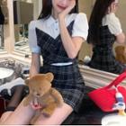 Mock Two-piece Short-sleeve Plaid Mini Shirt Dress