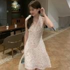 Halter-neck Floral Mini A-line Dress Dress - Pink & White - One Size