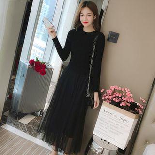 Long-sleeve Cable-knit Panel Midi A-line Mesh Dress