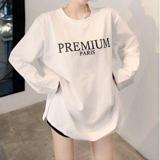 Long-sleeve Lettering Slit T-shirt White - One Size