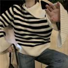 Lapel Striped Bell-sleeve Knit Top Black & White - One Size