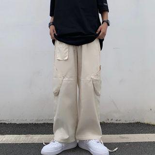 Elastic-waist Wide Leg Pocket Detail Pants