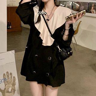 Long-sleeve Double-breasted Ruffled A-line Dress