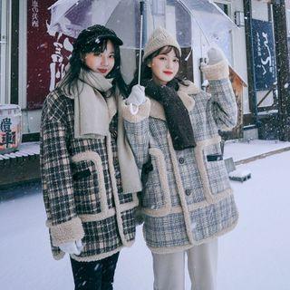 Contrast Trim Plaid Buttoned Coat