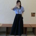Puff-sleeve Contrast Trim Gingham Blouse / Plain Midi Skirt