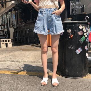 Cuffed-hem Denim Shorts Blue - One Size