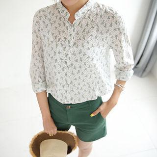Mandarin-collar Cactus-pattern Shirt