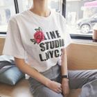Flower-embroidered Lettering T-shirt