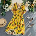 Elbow-sleeve Pineapple Print Midi A-line Dress