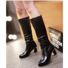 Faux Leather Block Heel Ruched Knee-high Boots