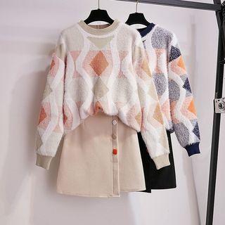 Color Block Sweater / Button Detail A-line Skirt / Set