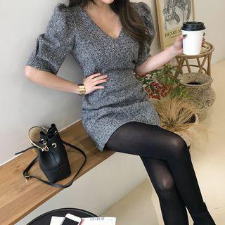 Puff-sleeve Herringbone Mini Sheath Dress