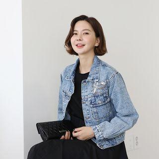 Sequined-trim Washed Denim Jacket Blue - One Size