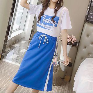 Set: Printed Short Sleeve T-shirt + Contrast Trim Midi Skirt