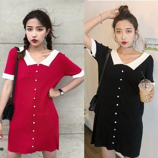 Button Front V-neck Knit Dress