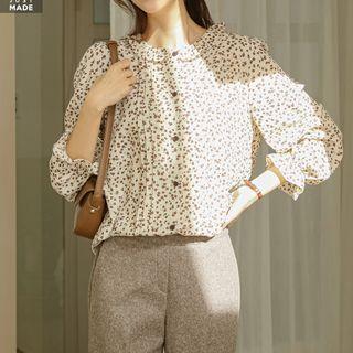 Frill-collar Pintuck Floral Blouse