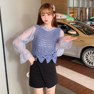 Plain Lantern-sleeve Blouse / Crochet Knit Camisole Top
