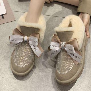Faux Suede Ribbon Fleece Trim Ankle Snow Boots