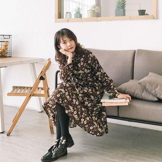 Flower Print Midi Long-sleeve Dress