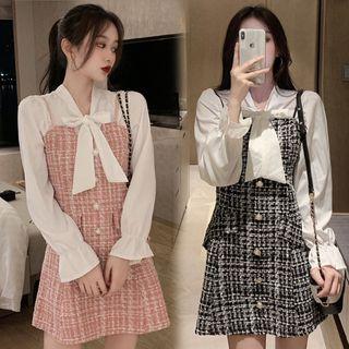 Bow Accent Blouse / Spaghetti Strap Tweed Dress