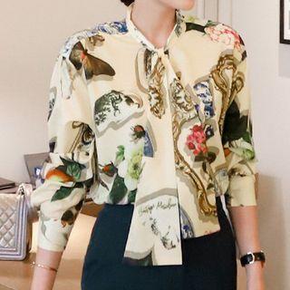 Long-sleeve Tie-neck Graphic Print Blouse