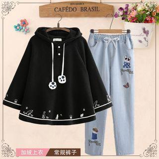 Printed Hoodie / Embroidered Straight-cut Jeans / Set