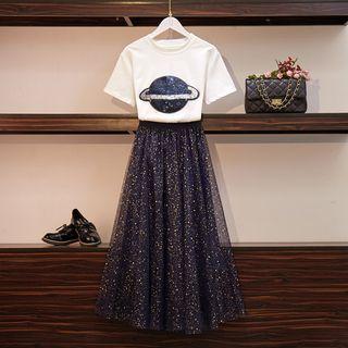 Set: Short-sleeve Sequined Planet T-shirt + A-line Midi Skirt