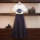 Set: Short-sleeve Sequined Planet T-shirt + A-line Midi Skirt