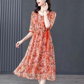 Elbow-sleeve Floral Midi A-line Dress / Undershorts