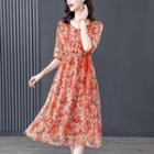 Elbow-sleeve Floral Midi A-line Dress / Undershorts