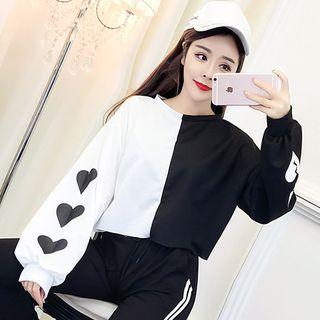 Set: Color Block Heart Print Pullover + Contrast Trim Harem Pants