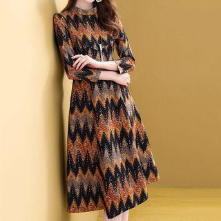 Chevron Mock-turtleneck A-line Midi Dress
